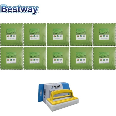 Flowclear - Grondtegels - 10 verpakkingen van 9 stuks & WAYS scrubborstel