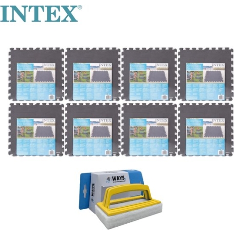Intex - Zwembadtegels Grijs - 8 verpakkingen van 8 tegels - 16m² & WAYS scrubborstel