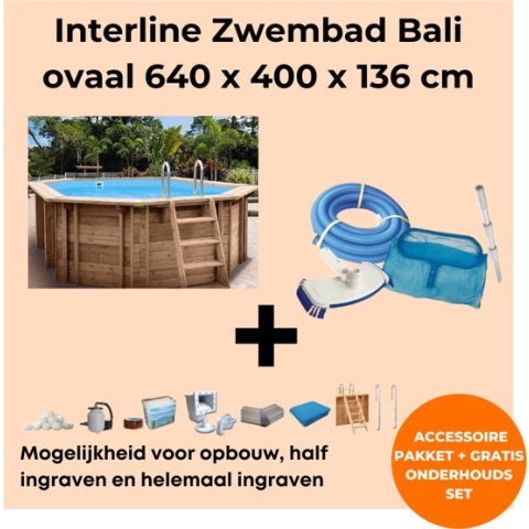 Interline zwembad Bali 6,40 x 4,00m ovaal - Houten constructie - Op- en inbouw - Inclusief filterset - Inclusief zwembadtrap - Gratis onderhoudsset