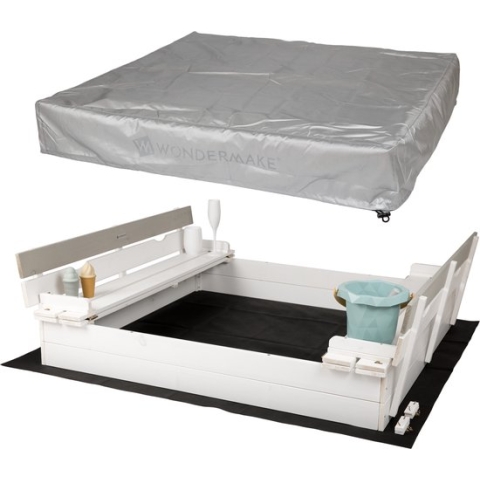 WONDERMAKE® Kinderzandbak met deksel afdekking OXFORD 420D, Buddelkist bank en bevloering gronddoek, Rechthoekig vierkante houten zandbak, incl. zitjes, Zandbox tuinspeelgoed voor buiten, 120x120 cm, Hout, Wit Grijs