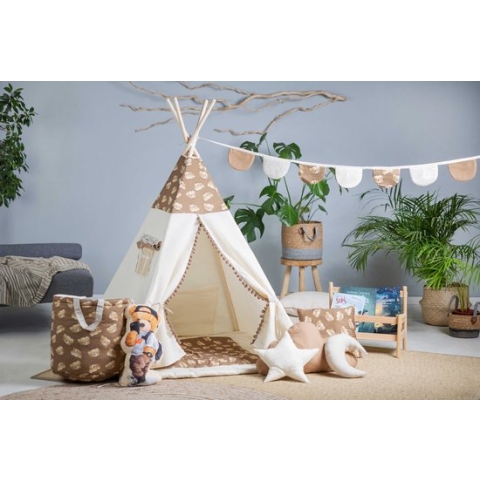 TIPI tent Teddy Bear XXL set 9 accessoires XXL set : speelmat, 4 kussens, speelmand, vlaggenlijn, dromenvanger, opberghoes