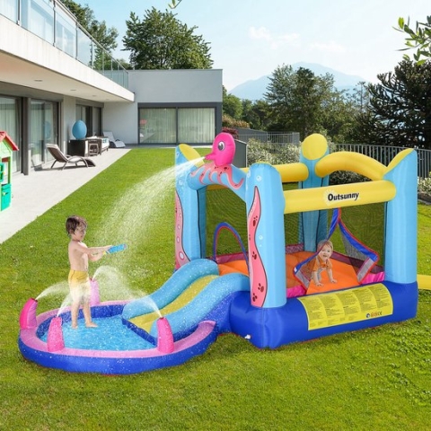 Zaza Home Opblaasbaar Springkasteel Met Glijbaan Voor Kinderen Opblaasbare Trampoline Waterglijbaan Zwembad Voor 3-8 Jaar Octopus Patroon 360 X 175 X 180 Cm