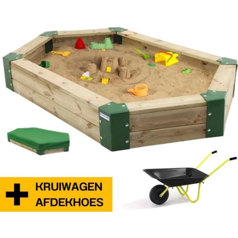 Hörby Bruk® Zandbak Bundel 210 - Inclusief Zwarte Kruiwagen + Zandbak hoes - 100% FSC Hout - 10 Jaar Hout Garantie- Zandbak Hout - Speeltoestel buiten - Zandbak speelgoed - Zandbak kind - LxBxH 200 x 150 x 15 cm - Zandbak Speelgoed