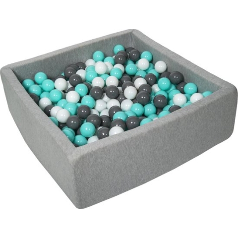Ballenbak vierkant - grijs - 90x90x30 cm - met 450 wit, grijs en turquoise ballen