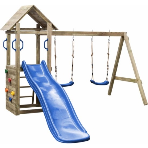 Houten Speeltoestel Maria (SwingKing) | Speeltoren met Glijbaan en Dubbele Schommel voor Buiten in de Tuin | FSC Hout - Glijbaan Blauw