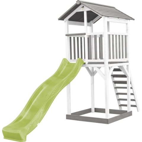 AXI Beach Tower Speeltoestel in Grijs/Wit - Speeltoren met Zandbak en Limoen Groene Glijbaan - FSC hout - Speelhuis op palen voor de tuin