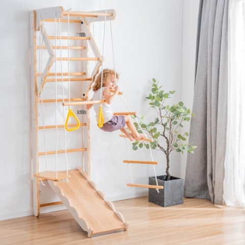 Peuterspeelset Binnenspeeltuin Jungle Gym set- hout 6-in-1 multifunctionele klimrekken/muurbeugels/Ladderklimmer/ Glijbaan/schommel/optrekgedeelte/ ringen-Rotsklimmen voor kinderen draagvermogen 50kg