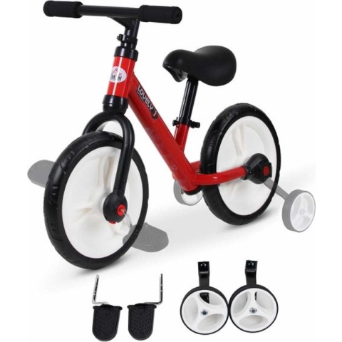 Zaza Home Kinderloopfiets, Loopfiets, Kinderfiets, 2-İn-1, Kinderfiets Met Zijwieltjes En Pedalen, 2-5 Jaar, Zithoogte Verstelbaar, Pp, Rood, 85 X 36 X 54 Cm