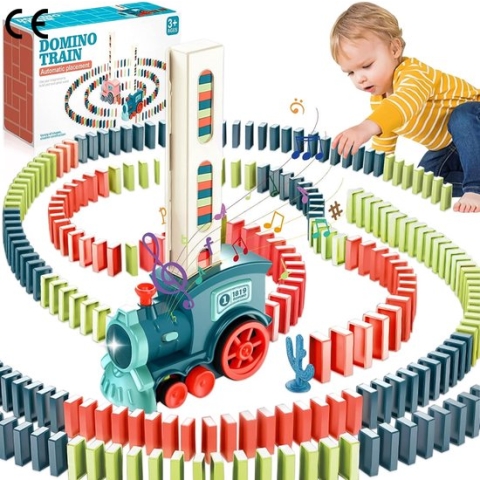 Domino Trein Speelgoed - 160 Stuks Domino Bouwstenen Treinset met Licht en Geluid - Educatief Speelgoed voor Jongens en Meisjes vanaf 3 Jaar - Blauw