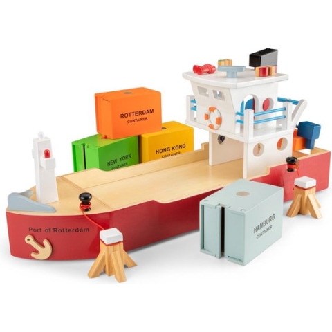 New Classic Toys Grote Houten Speelgoed Containerboot - Inclusief 4 Containers