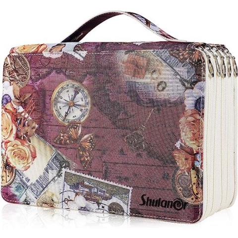 250 Slot Pencil Case met 5 Multi-Layer Grote Capaciteit Patroon met retro-stijlelement Potloden Etui Pouch Waterdicht PVC Potlood Bag Potlood Case Organizer - Purper