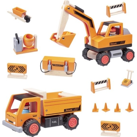 howa Graafmachine, Frachtwagen en 12 stuks Accessoires van Hout Speelgoed15900