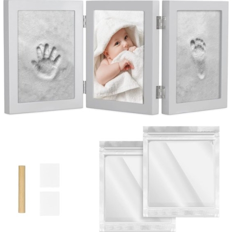 Baby handafdruk voetspoor Fotolijst kit voor jongens en meisjes Perfecte baby douchegift, EN71 Speelgoedtest geslaagd Niet-giftig Kindveilig, wit premium klei & Witte houten lijsten