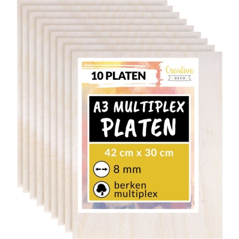 Creative Deco 10 x A3 Multiplex Platen 8mm | 420 x 300 x 8 mm| Baltische Berkenhoutlaag | Perfect voor Pyrografie, Lasersnijden, CNC-router, Modellering, Fretwerk, Rolzaag