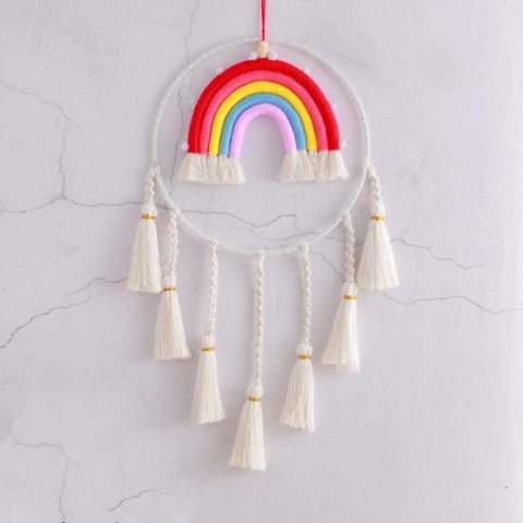 Regenboog Wandkleed Kinderkamer Handgeweven Macrame Regenboog Wanddecoratie met Bal Boho voor Kinderdorm Decoratie Bohemian Babykamer (Kleurrijk 4)