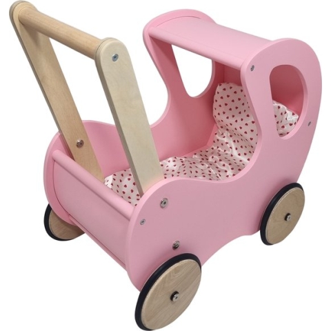 Playwood - Houten Poppenwagen roze klassiek met kap - inclusief dekje wit met roze hartjes