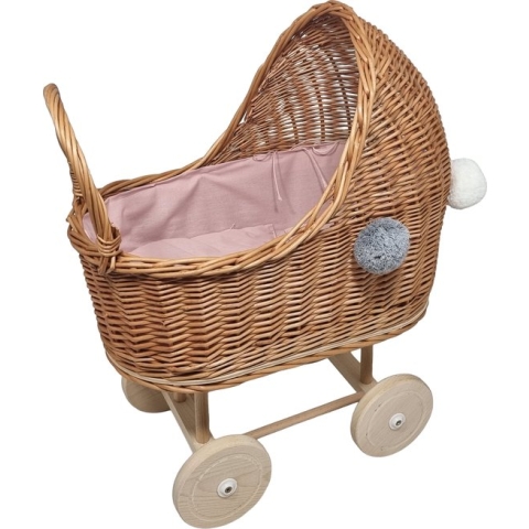 Playwood - Rieten Poppenwagen - kinderwagen- met pompons -roze bekleding - 2 kussentjes