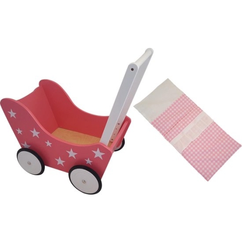 Playwood - Houten Poppenwagen roze met witte sterren - inclusief dekje roze ruitjes