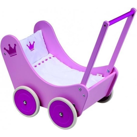 Goki Poppenwagen roze kroontje met beddengoed 58 x 33 x 52 cm