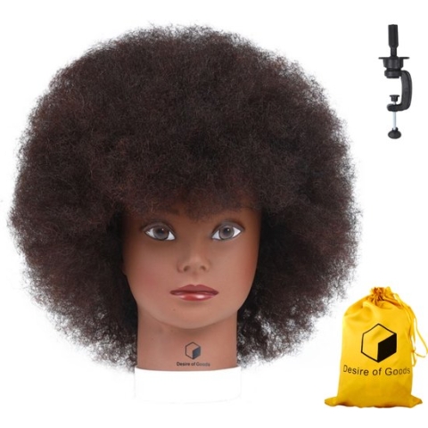 Desire of Goods Afro oefenhoofd kappershoofd - Donkerbruin haar - Echt haar - met tafelklem - 30 cm