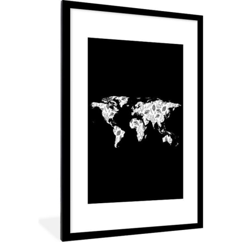Fotolijst incl. Poster - Wereldkaart - Bladeren- Design - 60x90 cm - Posterlijst