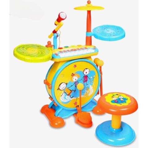 Cliste Elektronische Piano en Drumkit voor kinderen - Realistisch drumgeluid - 8-toetsen toetsenbord - Mp3-stekker - Inclusief stoel - Blauw/Geel - Educatief Babyspeelgoed - Geluid en Spelletjes