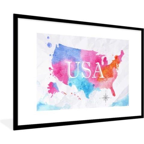 Fotolijst incl. Poster - Amerika - Wereldkaart - Waterverf - 90x60 cm - Posterlijst