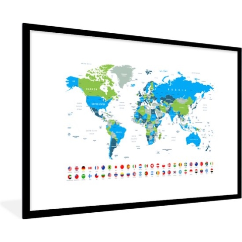 Fotolijst incl. Poster - Wereldkaart - Vlag - Blauw - Groen - 90x60 cm - Posterlijst