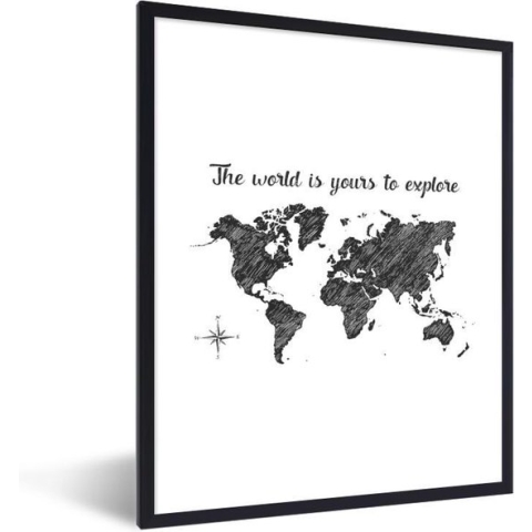 Fotolijst incl. Poster - Wereldkaart - Quotes - Zwart - 60x80 cm - Posterlijst