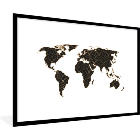 Fotolijst incl. Poster - Wereldkaart - Zwart - Goud - Kinderen - Jongens - Meisjes - 90x60 cm - Posterlijst
