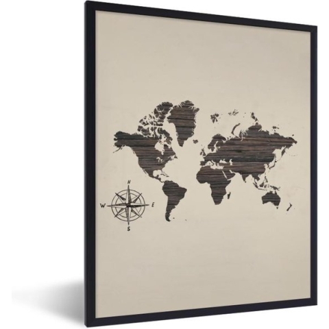 Fotolijst incl. Poster - Wereldkaart - Hout - Vintage - 60x80 cm - Posterlijst
