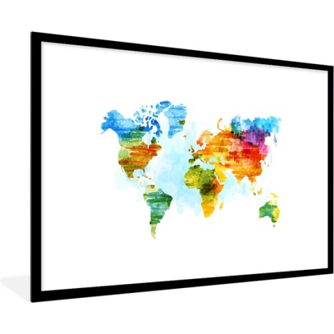 Fotolijst incl. Poster - Wereldkaart - Waterverf - Regenboog - Kinderen - Jongens - Meisjes - 90x60 cm - Posterlijst