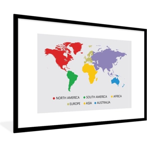 Fotolijst incl. Poster - Wereldkaart - Simpel - Kleurrijk - 90x60 cm - Posterlijst