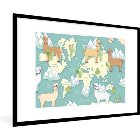 Fotolijst incl. Poster - Wereldkaart - Alpaca - Bergen - 90x60 cm - Posterlijst