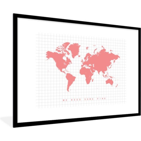 Fotolijst incl. Poster - Wereldkaart - Roze - Quote - Kinderen - Jongens - Meisjes - 90x60 cm - Posterlijst