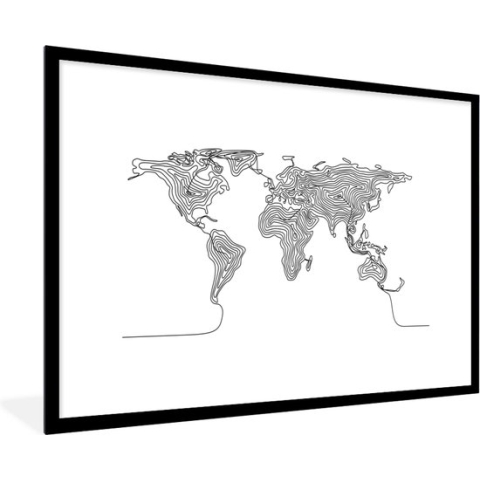 Fotolijst incl. Poster - Wereldkaart - Zwart - Wit - Lijn - 90x60 cm - Posterlijst