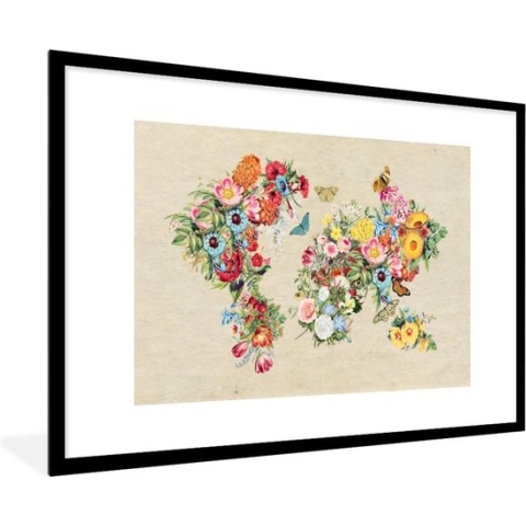 Fotolijst incl. Poster - Wereldkaart - Bloemen - Craft papier - 120x80 cm - Posterlijst