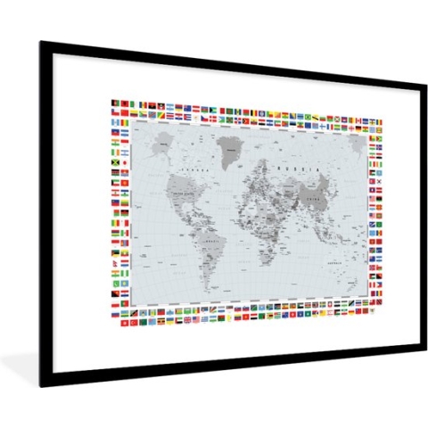 Fotolijst incl. Poster - Wereldkaart - Vlag - Zwart - Wit - 120x80 cm - Posterlijst