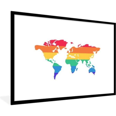 Fotolijst incl. Poster - Wereldkaart - Pride vlag - Regenboog - 90x60 cm - Posterlijst