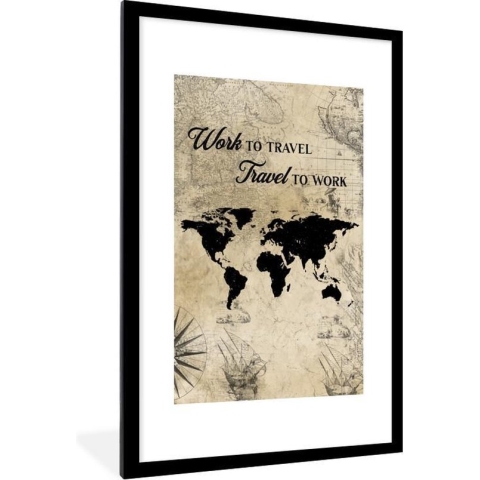 Poster in lijst - Wereldkaart - Vintage - Quotes - Bruin - Fotolijst - Wanddecoratie - Poster - Slaapkamer - Kader - 60x90 cm - Kamerdecoratie - Foto in lijst - Muurdecoratie - Poster frame