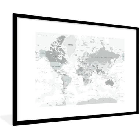 Fotolijst incl. Poster - Wereldkaart - Wit - Grijs - Aarde - 120x80 cm - Posterlijst
