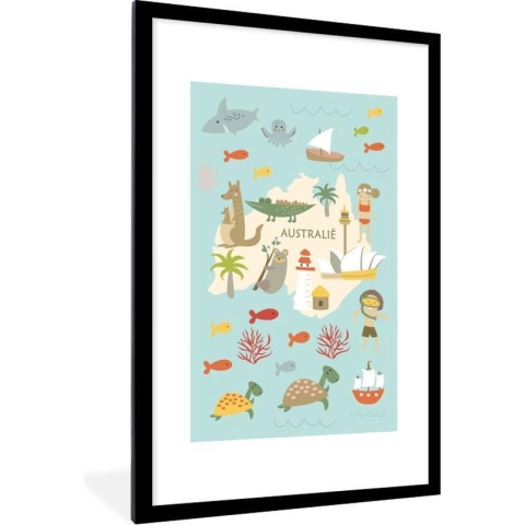 Wereldkaart Kinderen - Australië - Dieren - Schoolplaat - Kinderkamer - 60x90 cm