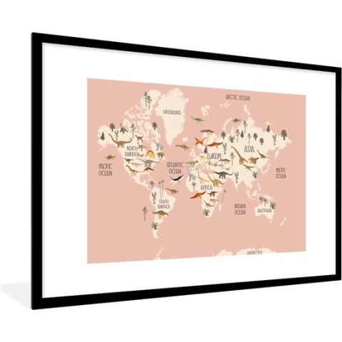 Fotolijst incl. Poster - Wereldkaart - Kinderkamer - Dino's - Meisjes - Kinderen - Roze - 90x60 cm - Posterlijst