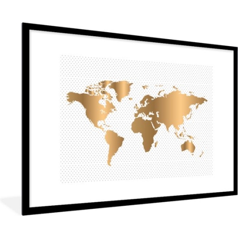 Fotolijst incl. Poster - Wereldkaart - Goud - Stippen - Kinderen - Jongens - Meiden - 90x60 cm - Posterlijst