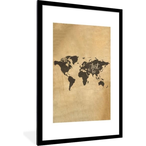 Fotolijst incl. Poster - Wereldkaart - Quote - Beige - 80x120 cm - Posterlijst