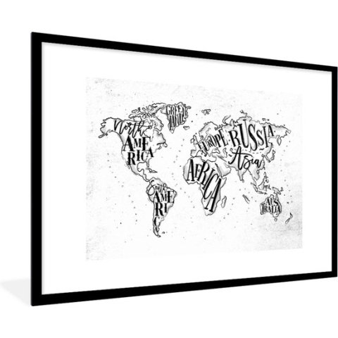 Fotolijst incl. Poster - Wereldkaart - Wit - Zwart - 90x60 cm - Posterlijst