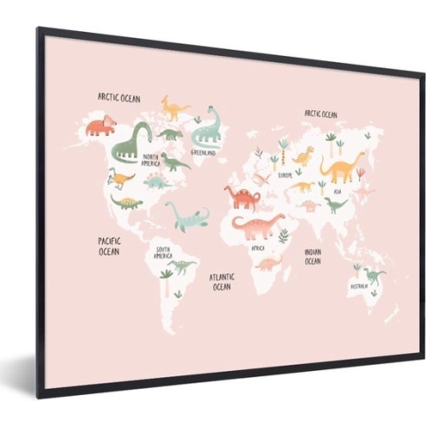 Wereldkaart - Kinderen - Dino - Schoolplaat - Kinderkamer - 80x60 cm