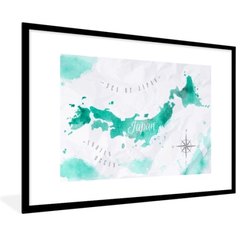 Fotolijst incl. Poster - Wereldkaart - Turquoise - Abstract - 90x60 cm - Posterlijst