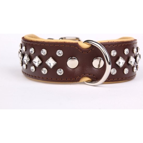Dog's Companion - Leren halsband met kristallen - Lengte: 50cm (40-47cmx40 mm), Kleur: Bruin/Naturel