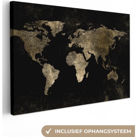 Canvas schilderij - Wereldkaart zwart en goud 140x90 - Kamer decoratie accessoires - Schilderijen wereld kaart woonkamer - World map wanddecoratie slaapkamer - Muurdecoratie keuken - Wanddoek interieur - Woondecoratie huis - Woonaccessoires